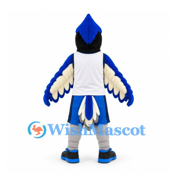 Blue Jay Mascot Costume with White Vest and Blue Basketball Shorts