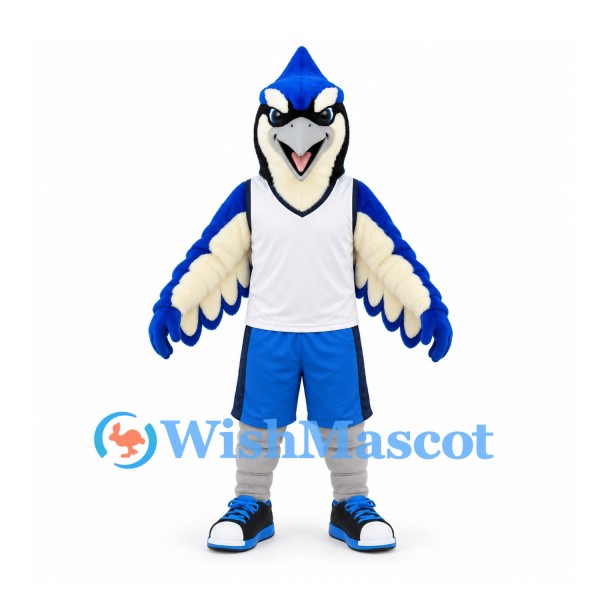 Blue Jay Mascot Costume with White Vest and Blue Basketball Shorts