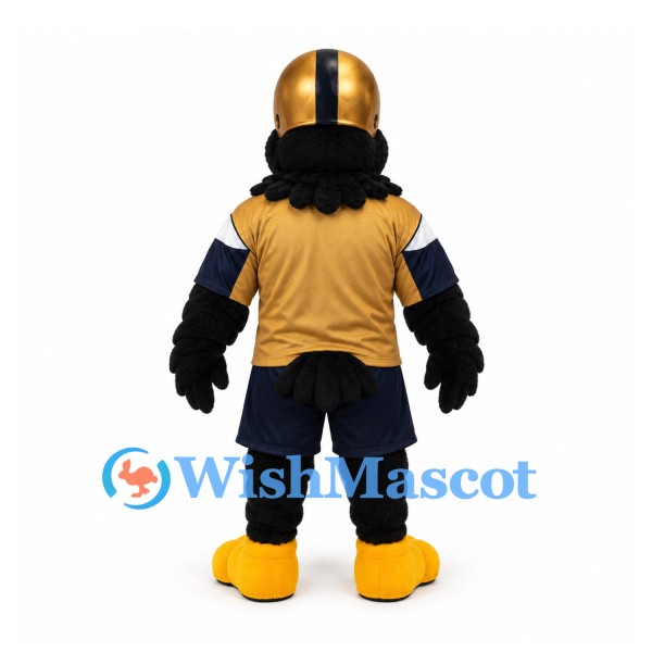 Black Bird Mascot Costume with Gold Football Helmet and Jersey