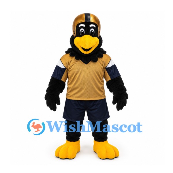 Black Bird Mascot Costume with Gold Football Helmet and Jersey