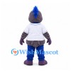 Purple Bird Mascot Costume with White Baseball Shirt and Blue Pants