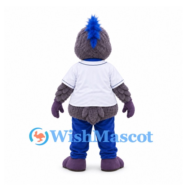 Purple Bird Mascot Costume with White Baseball Shirt and Blue Pants