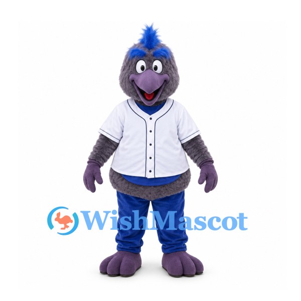 Purple Bird Mascot Costume with White Baseball Shirt and Blue Pants