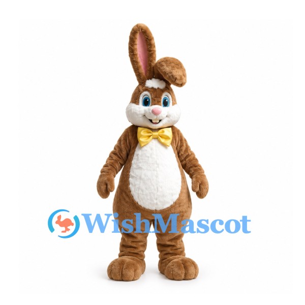Rabbit Mascot Costume in Brown with Yellow Bow Tie and White Belly