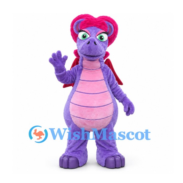 Dragon Mascot Costume in Purple with Pink Hair and Red Wings