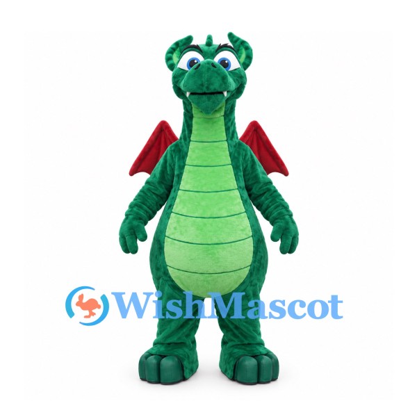 Dragon Mascot Costume in Green with Red Wings and Pale Belly