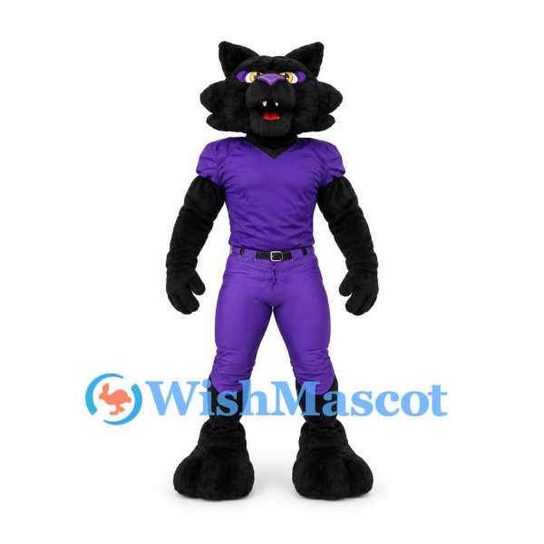 Black Panther Mascot Costume with Purple Football Uniform