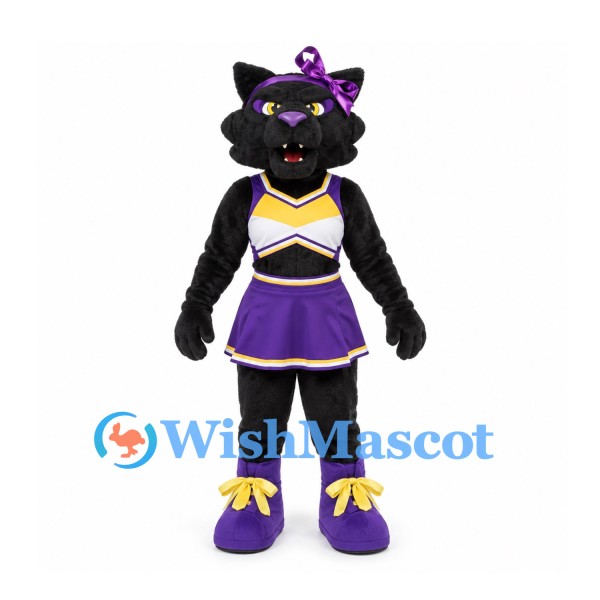 Black Panther Mascot Costume with Purple Cheerleader Dress and Bow