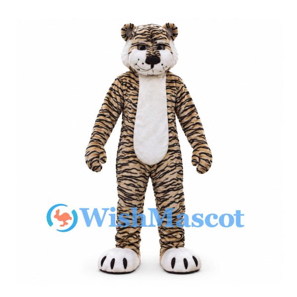 Tiger Mascot Costume in Beige with Black Stripes and White Belly