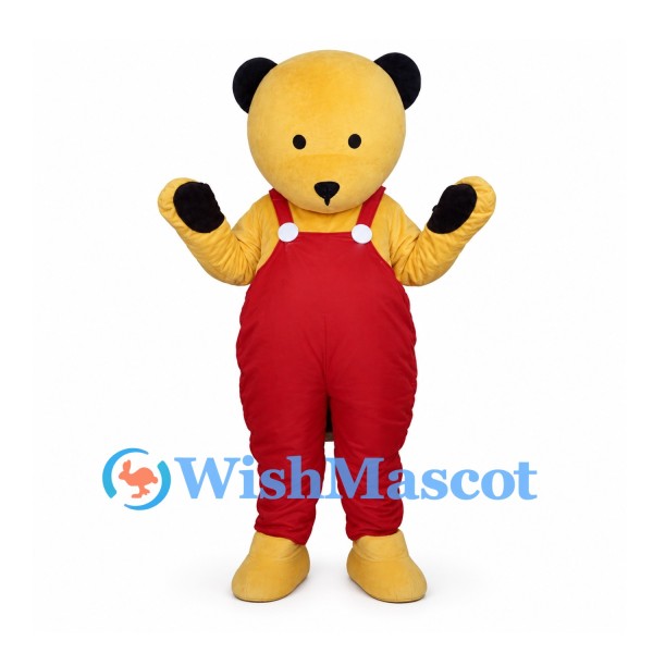 Bear Mascot Costume in Yellow with Red Overalls and Black Ears
