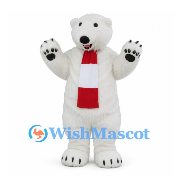 Polar Bear Mascot Costume in White with Red and White Scarf