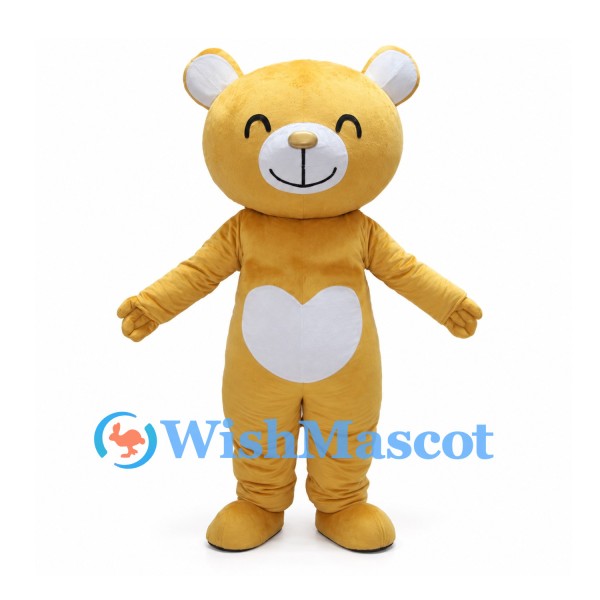 Bear Mascot Costume in Yellow with White Heart Belly and Smiling Eyes