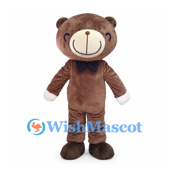 Bear Mascot Costume in Brown with Navy Bow Tie and Cream Muzzle