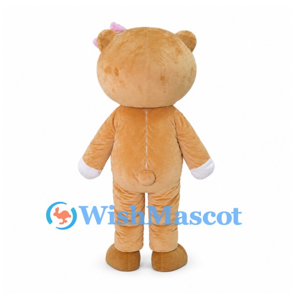 Tan Bear Mascot Costume with Pink Hair Bow and White Gloves