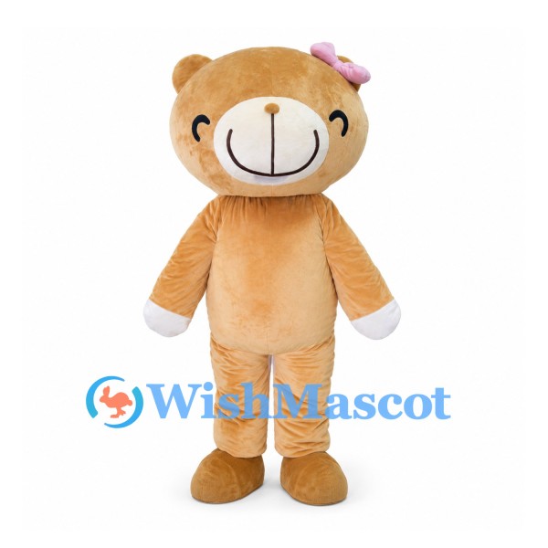 Tan Bear Mascot Costume with Pink Hair Bow and White Gloves