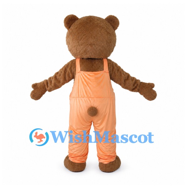 Brown Bear Mascot Costume with Peach Overalls and Blue Pocket
