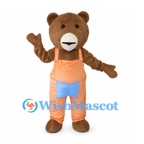 Brown Bear Mascot Costume with Peach Overalls and Blue Pocket