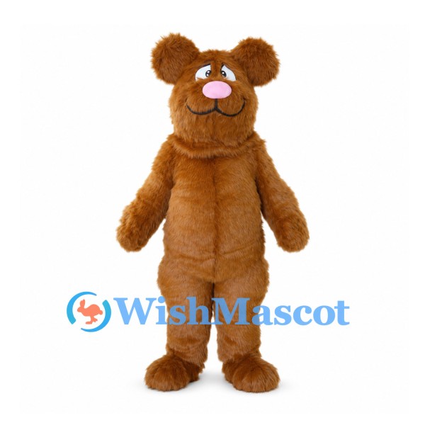 Brown Bear Mascot Costume with Pink Nose and Shaggy Fur