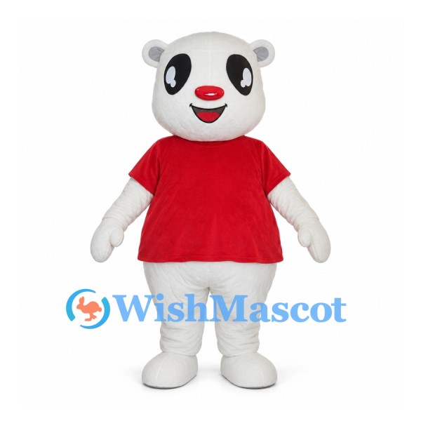 Panda Mascot Costume with Red Shirt and Red Nose