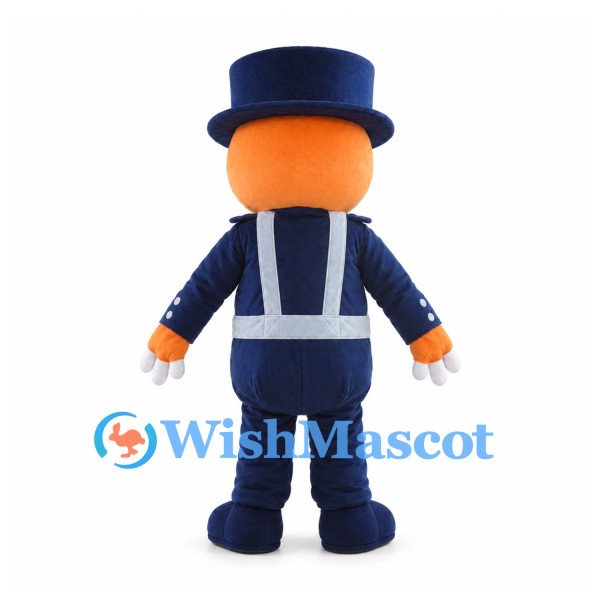 Bear Mascot Costume in Orange with Navy Top Hat and Uniform