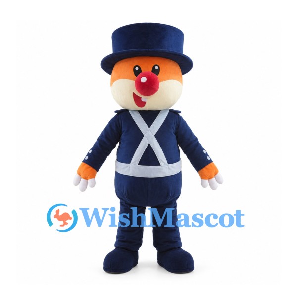 Bear Mascot Costume in Orange with Navy Top Hat and Uniform