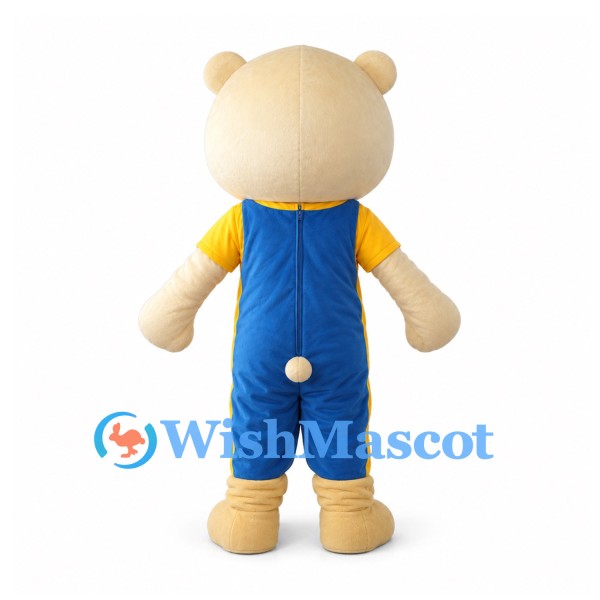 Cream Bear Mascot Costume with Blue Overalls and Yellow Shirt