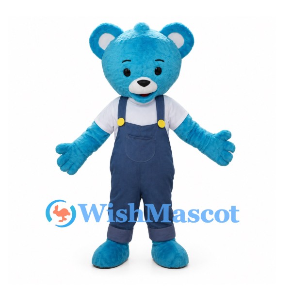 Blue Bear Mascot Costume with Navy Overalls
