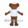 Brown Bear Mascot Costume with White Sailor Hat and Blue Trimmed Shirt