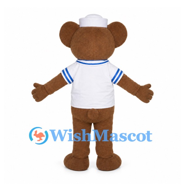 Brown Bear Mascot Costume with White Sailor Hat and Blue Trimmed Shirt