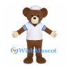 Brown Bear Mascot Costume with White Sailor Hat and Blue Trimmed Shirt