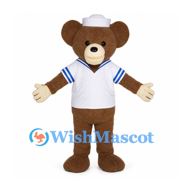 Brown Bear Mascot Costume with White Sailor Hat and Blue Trimmed Shirt