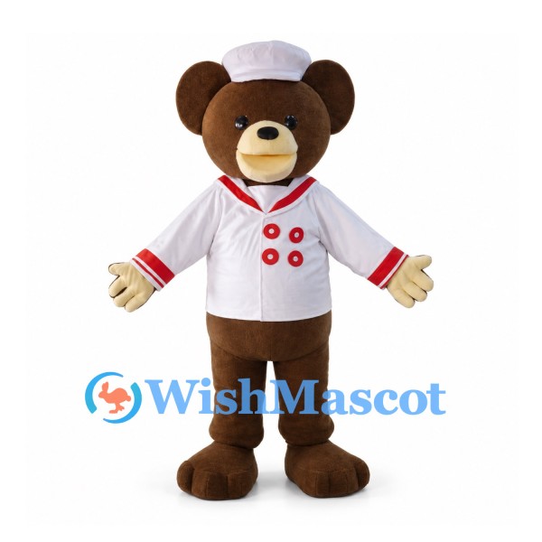 Bear Chef Mascot Costume with White Hat and Red Button Jacket