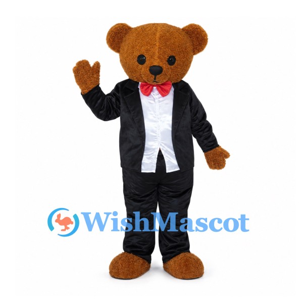 Bear Groom Mascot Costume with Black Suit and Red Bow Tie
