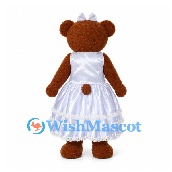 Bear Bride Mascot Costume with White Layered Dress and Hair Bow