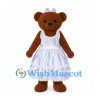Bear Bride Mascot Costume with White Layered Dress and Hair Bow