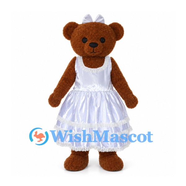 Bear Bride Mascot Costume with White Layered Dress and Hair Bow