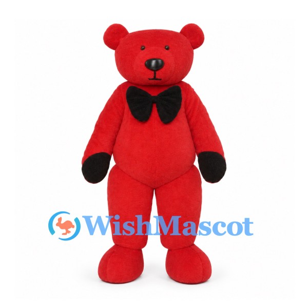 Red Bear Mascot Costume with Black Bow Tie and Mittens