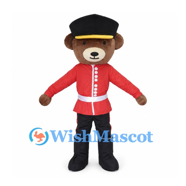 Bear Guard Mascot Costume with Red Tunic and Black Hat