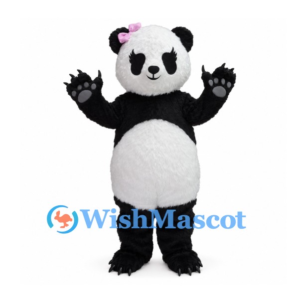 Panda Mascot Costume with Pink Hair Bow and Black Paw Pads