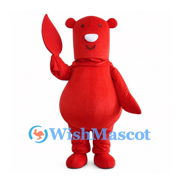 Red Bear Mascot Costume with Rounded Belly and Leaf Shaped Hands