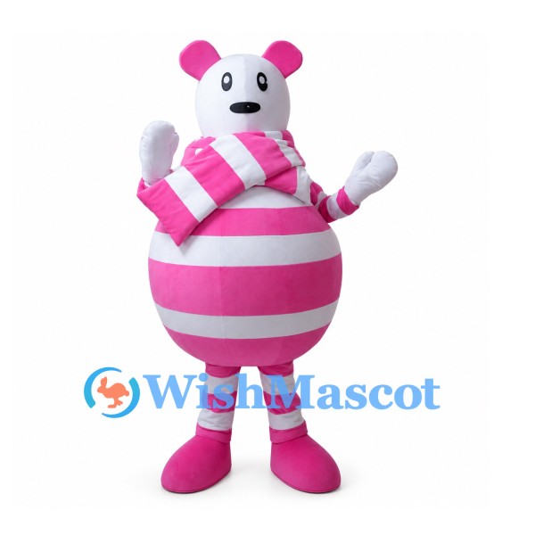 Bear Mascot Costume with Pink and White Striped Body and Scarf