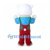 Polar Bear Mascot Costume with Red Overalls and Blue Shirt