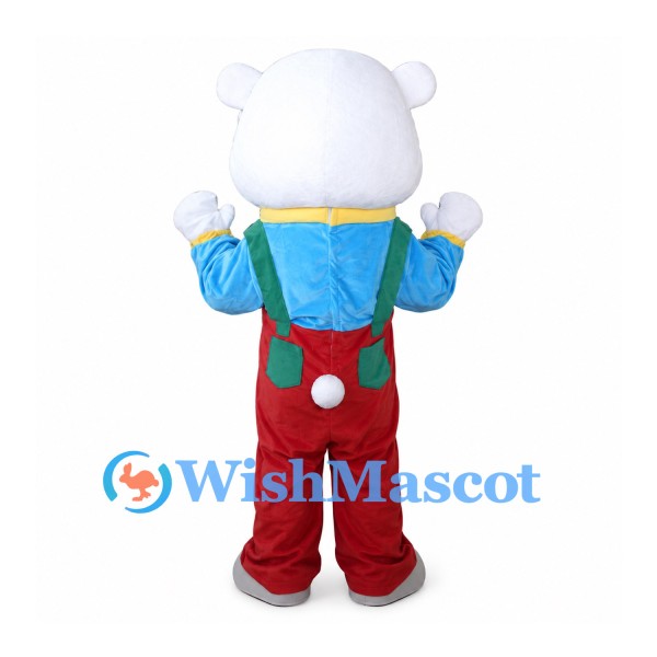 Polar Bear Mascot Costume with Red Overalls and Blue Shirt