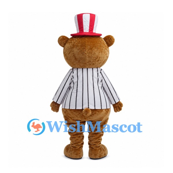 Bear Mascot Costume with Red Striped Top Hat and White Pinstripe Shirt