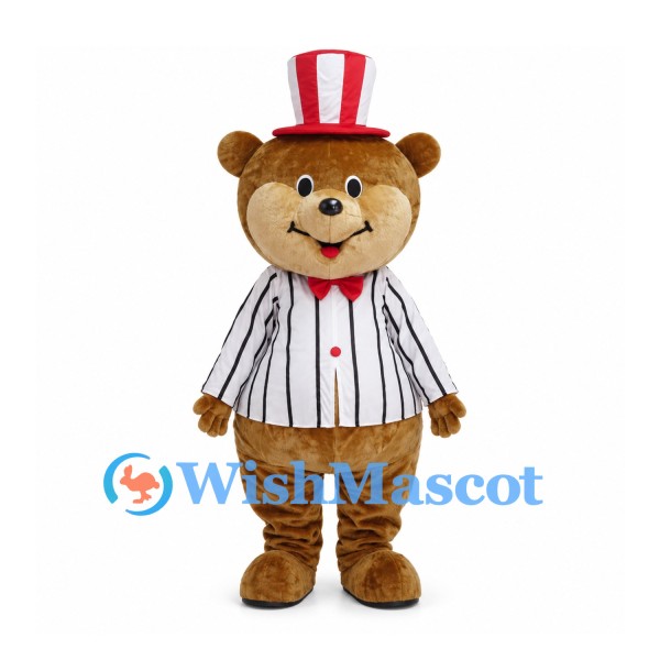 Bear Mascot Costume with Red Striped Top Hat and White Pinstripe Shirt