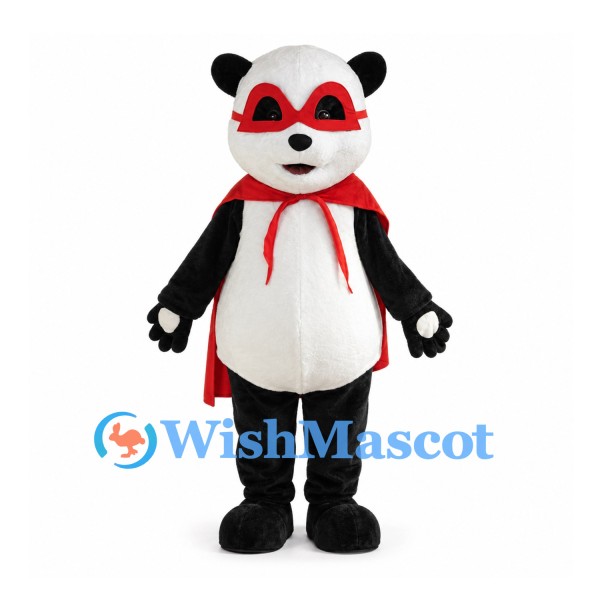 Superhero Panda Mascot Costume with Red Eye Mask and Cape