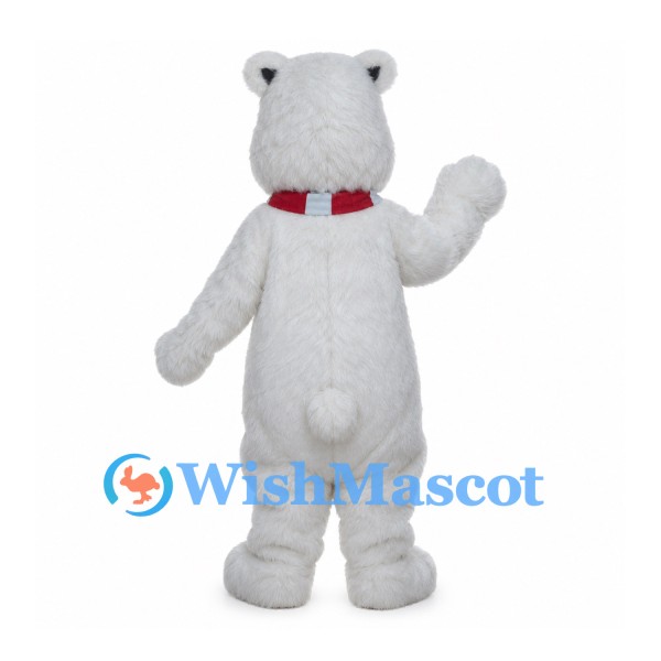 Polar Bear Mascot Costume with Red Striped Scarf and Shaggy Fur
