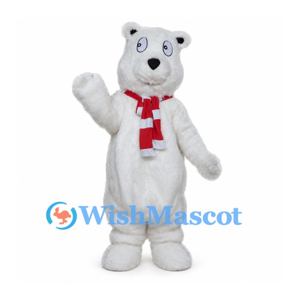Polar Bear Mascot Costume with Red Striped Scarf and Shaggy Fur