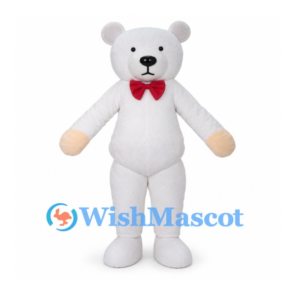 White Bear Mascot Costume with Red Bow Tie and Cream Hands