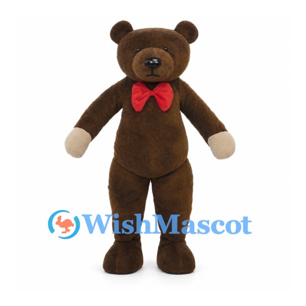 Brown Bear Mascot Costume with Red Bow Tie and Cream Hands